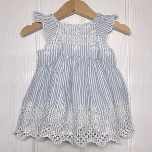 BABY GAP EUC 100% Cotton Lined Blue Striped Eyelet Ruffle Cutesy Dress